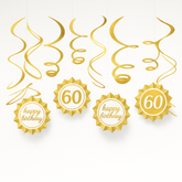 Golden Age 60th Birthday Swirl & Fan Hanging Decorations - Gold, 12-Piece Set